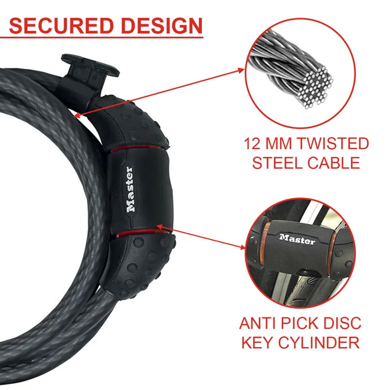 Master Lock Cycle Cable Key Lock 12mm X 1.8m 8121 Black-2